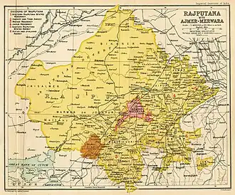 Sirohi State (orange) within Rajputana (yellow), in 1909