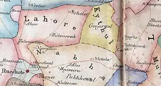 Kaithal State Gujarwal exclave near Raikot, Ludhiana ca. 1829-35 map by G. R. Clerk.