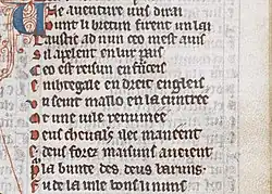 The first 12 lines of the British Library’s copy of L’Austic by Maie de France from the first edition 1175-1200 CE.