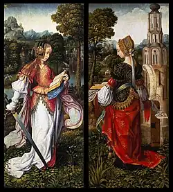 Master of Frankfurt, St Catherine, St Barbara, 1510–1520, oil on panel 158.7 x 70.8&nbsp;cm (each), The Royal Picture Gallery Mauritshuis, The Hague. These are the left and right panels of a triptych altarpiece. The central panel depicts the Holy Family with Music Making Angels (now in the Walker Art Gallery, Liverpool).