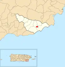 Location of Maunabo barrio-pueblo within the municipality of Maunabo shown in red