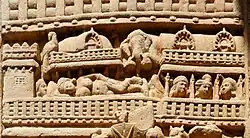 Maya's dream of an elephant when conceiving the Buddha, in Kapilavastu. Sanchi