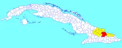 Mayarí municipality (red) within Holguín Province (yellow) and Cuba