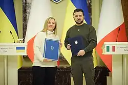 Meloni with the Ukrainian president Volodymyr Zelenskyy in 2022