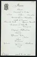 Menu for dinner for Hastings on eve of his wedding to Helen Benedict. Sherry's, Manhattan, April 26, 1900.