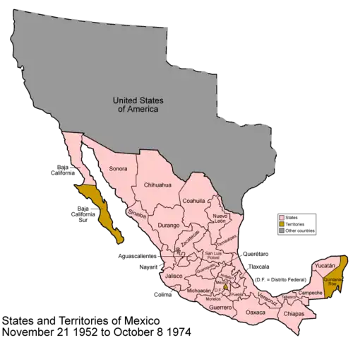 The territories of Mexico in 1952 (brown).