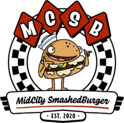 Graphic of an anthropomorphic hamburger wearing a hat and pointing finger guns; there is also a checkered circle enveloping the burger and the text "MCSB", "MidCity SmashedBurger", and "Est. 2020"