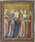 Circa 1320–1330, Catalonia. Women playing instruments from the Golden Haggadah; (from left) cymbals, adufe, lute, timbrel, women dancing.