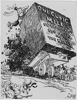 A horse-drawn wagon dumps a large cube of soil into the Mississippi River. The cube is labeled "One cubic mile of the richest top soil in the world." On top of the soil is an old top-hatted and bearded man with a shovel, labeled "Old Man Carelessness." A sign on the left shows the soil is on its way to the Gulf of Mexico. Also on the left are a group of men representing the U.S. Flood Commission, witnessing the dumping while another old top-hatted and bearded man is trying to get the group's attention by jumping up and down and pointing to the dump truck.