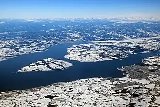View of the peninsula and island of Helgøya in lake Mjøsa