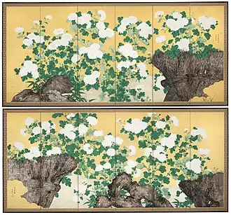 Chrysanthemum and Rock, pair of six-panel screen; ink, color, gofun, gold and silver leaf on paper. 1838.
