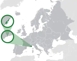 Location of Monaco (green) in Europe (dark grey)