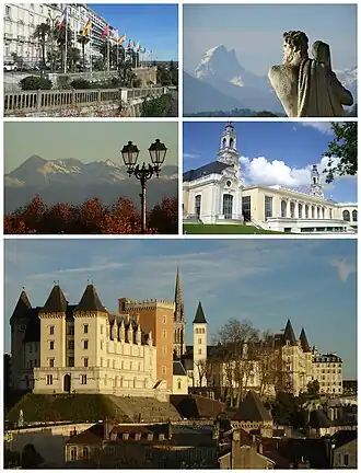 From top, left to right: the Boulevard des Pyrénées and the Pic du Midi d'Ossau; Pic du Midi de Bigorre and Palais Beaumont; Château de Pau
