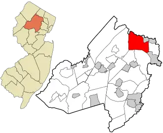 Location of Kinnelon in Morris County highlighted in red (right). Inset map: Location of Morris County in New Jersey highlighted in orange (left).