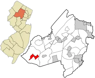 Location of Long Valley in Morris County highlighted in red (right). Inset map: Location of Morris County in New Jersey highlighted in orange (left).