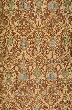 Granada woven silk velvet brocaded with gilt thread and blue areas block-printed, Morris, 1884