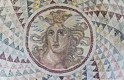 A Roman mosaic from Piraeus depicting Medusa, using opus tessellatum, 2nd century&nbsp;AD, National Archaeological Museum of Athens