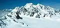 Mount Cook centred, Mount Tasman to its right, and Torres Peak to right of Tasman. Aerial view from northeast.