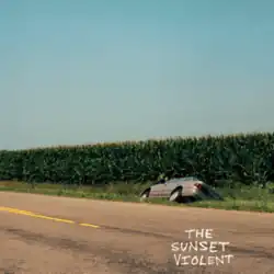 A photo of a car that has driven into a ditch off a road next to a cornfield.