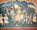 Harmandir Sahib mural (fresco) depicting Guru Gobind Singh on horseback with his retinue from within the Golden Temple shrine, ca.1820's–1830's. As per Kanwarjit Singh Kang (1988), Guru Gobind Singh is depicted riding away from Anandpur Fort (Qila) with his retinue in this painting.