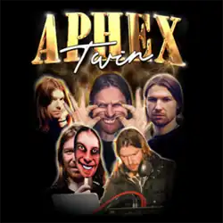 The cover art of Music from the Merch Desk (2016-2023), showing a variety of images of James with the text "Aphex Twin" in gold.