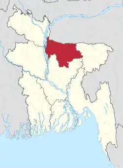 Map indicating the extent of Mymensingh Division within Bangladesh