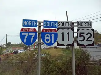 This westbound highway in southwestern Virginia simultaneously carries I-77 and I-81 in opposite directions. The wrong-way concurrency is also reflected in US 52 and US 11, which are concurrent with I-77 and I-81, respectively.