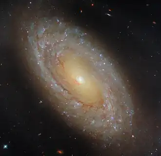 A spiral galaxy seen at a diagonal angle. Its very centre is a bright white glowing orb, surrounded by an inner disc of golden light. This is wrapped in a broad outer disc that glows more dimly, with patchy, broken spiral arms swirling around it, filled with small blue and pink star clusters. Dark reddish threads of dust also spiral through the disc, with some strands reaching into the core.