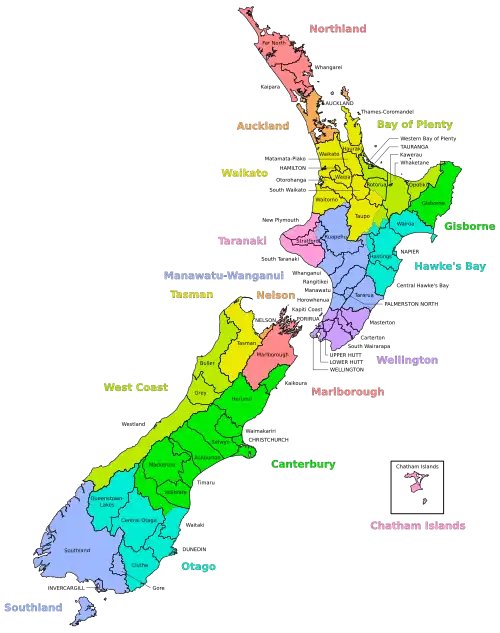 A map of New Zealand divided into regions and territorial authorities with labels