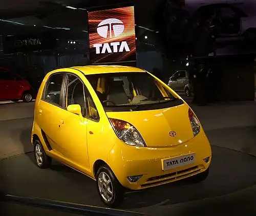 Shown here is the Tata Nano, the world's least expensive car.[171] The Tata Nano was manufactured in Sanand, Gujarat.