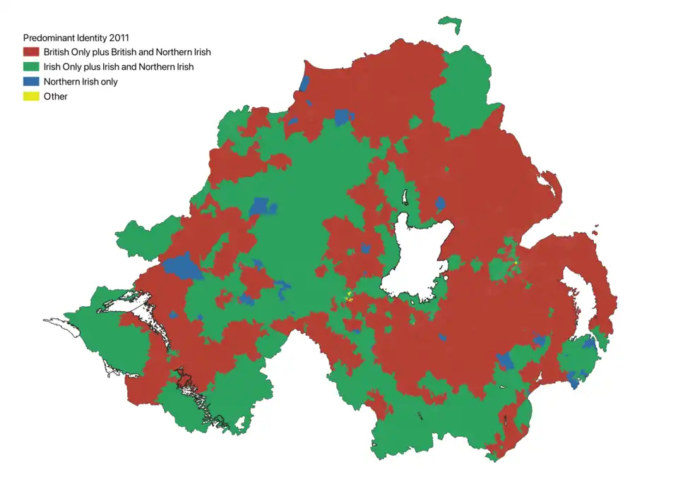 Most commonly selected National Identity in 2011 census, based on 2011 Census "Small Areas". Combinations that include both British and Irish are excluded. "Other" consists of National Identity responses that do not include Irish, British, or Northern Irish in any combination.