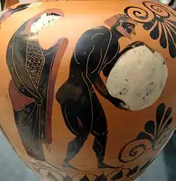 Persephone and Sisyphus depicted on a black-figure amphora vase