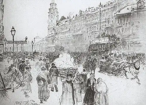 Drawing for Nevsky Prospect in St. Petersburg, graphite pencil on paper (1887)