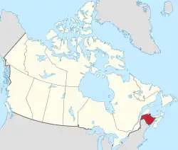 A map showing the location of the Canadian province of New Brunswick.