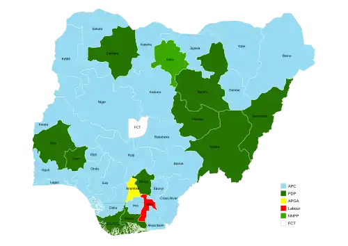 Map of Nigeria with states colored according to the party affiliation of their governor