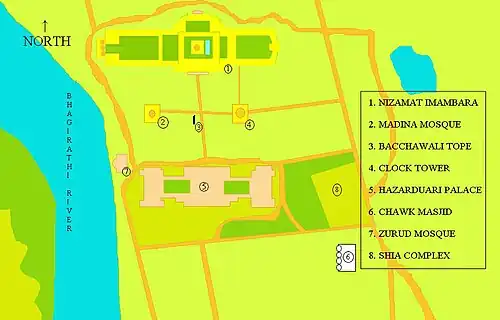 A map of the Nizamat Fort Campus (excluding Wasef Manzil, Dakshin Darwaza or the South Gate of the campus, Nawab Bahadur's Institution and the South Zurud Mosque) showing the Nizamat Imambara in yellow and other buildings surrounding it, like the Madina Mosque, the Hazarduari Palace, Chawk Masjid, Bacchawali Tope, the clock tower, Shia Complex and the Zurud Mosque (north).