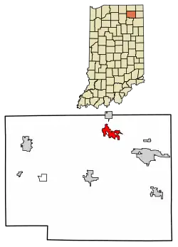 Location of Rome City in Noble County, Indiana.