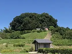 A grassy tumulus covered in forest, with some shrines and small buildings spread around it