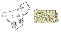 Location of Glendon in Northampton County, Pennsylvania (left) and of Northampton County in Pennsylvania (right)