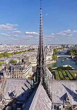 The spire in 2018, over the cathedral and the Île de la Cité, Notre-Dame's island
