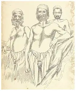 Sketch of three standing men, of different ages