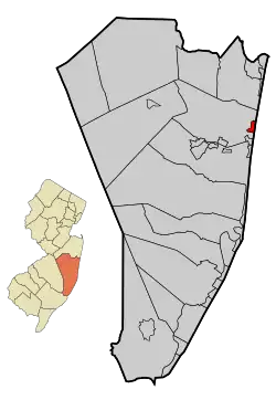 Location of Lavallette in Ocean County highlighted in red (right). Inset map: Location of Ocean County in New Jersey highlighted in orange (left).