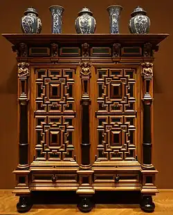 Dutch wardrobe; 1625–1650; oak with ebony and rosewood veneers; overall: 244.5 x 224.3 x 85.2 cm; Cleveland Museum of Art (Cleveland, Ohio, US)
