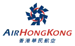 The old Air Hong Kong logo, made up of a navy blue colour pentagon, made up from the five 'A' character formed into a circle. Beneath the logo is the airline's name in both English and Traditional Chinese.