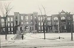 Image of Old Main after the fire at Mankato State Normal School, Mankato, Minnesota