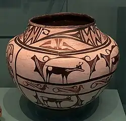 Zuni Pueblo olla with "heartline deer" and waterbird motifs, c. 1900