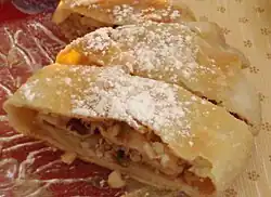 Strudel, a pastry made from hand-stretched leaf dough