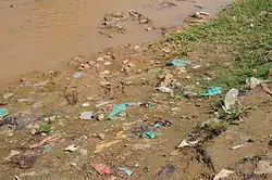 Evidence of open defecation along a riverbank in Bujumbura, Burundi
