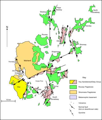 A map of the geology of Orkney. Hoy to the southwest is predominantly formed from Hoy/Eday Sandstones. The Mainland at centre is largely Stromness flagstones with Rousay flagstones to the east. The North and South Isles are a mixture of Eday and Rousay sandstones.