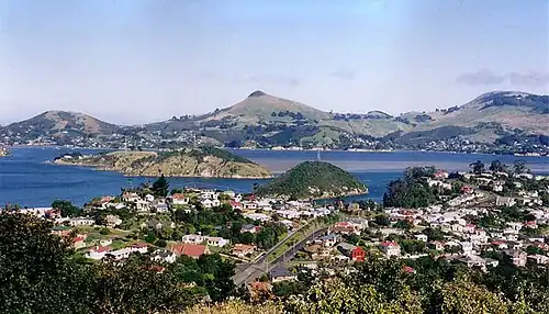 View across Port Chalmers and Otago Harbour to Otago Peninsula.